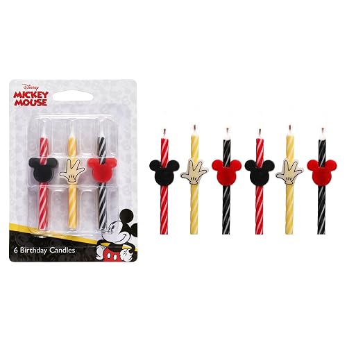 Disney Mickey Mouse - Velas de cumpleaños para tartas, 6 velas de cumpleaños para decoración de pasteles, velas de rayas rojas, amarillas y negras para fiestas de Mickey Mouse