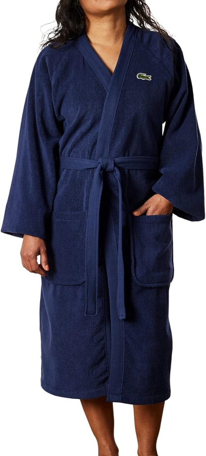 Lacoste Bata de baño clásica de piqué 100% algodón, 41.5 pulgadas de largo, iris negro