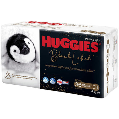 Huggies Black Label Pañales Desechables Premium, Etapa 4 Unisex, Bolsa con 36 piezas, Ideal para bebés de 9 a 12 kg