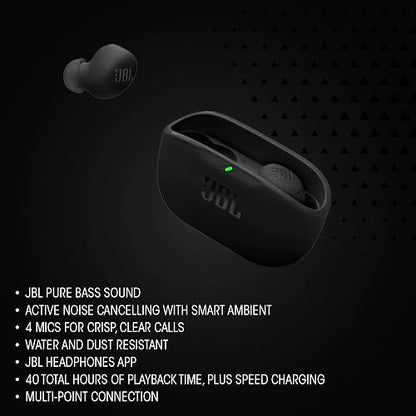 JBL Vibe Buds 2, True Wireless NC Buds, Oval Tube, ANC + Smart Ambient, IP54 - Negro