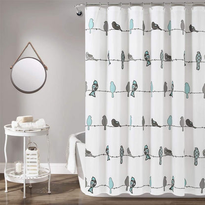 Lush Decor Rowley Birds - Cortina de Ducha de 72 Pulgadas de Ancho x 72 Pulgadas de Largo, Azul y Gris, diseño Floral Colorido de pájaros, Cortina de Ducha de pájaros caprichosa y juguetona -