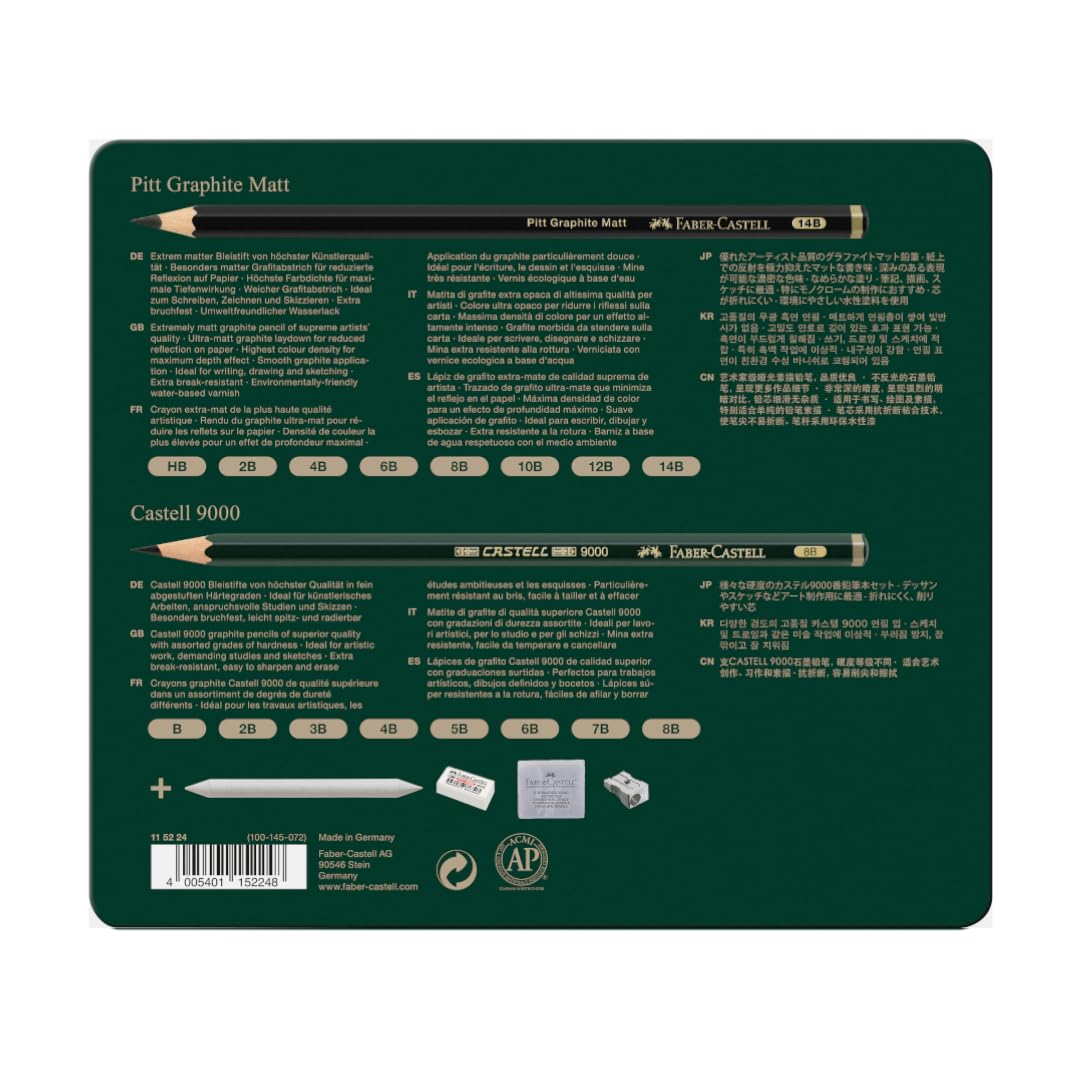 Faber-Castell Set Pitt Graphite Matt & Castell 9000, Estuche de metal con 20 artículos, 8 Castell 9000 y 8 Pitt Graphite Matt, cuenta con sacapuntas de metal, goma, goma moldeable y difuminador