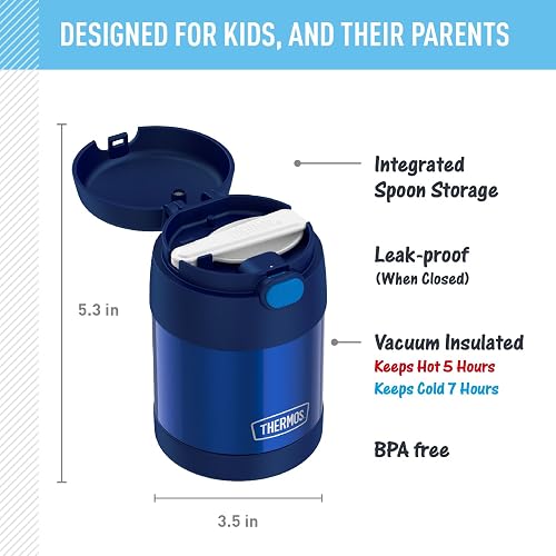 THERMOS FUNTAINER - Tarro de acero inoxidable aislado al aspiradora para niños con cuchara plegable, color azul marino