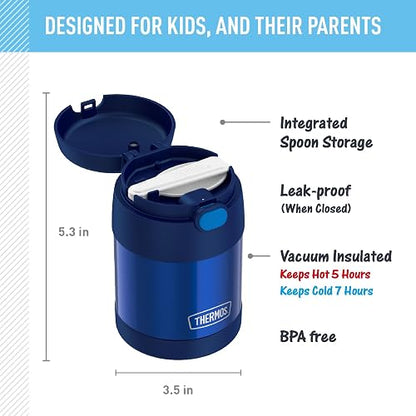 THERMOS FUNTAINER - Tarro de acero inoxidable aislado al aspiradora para niños con cuchara plegable, color azul marino