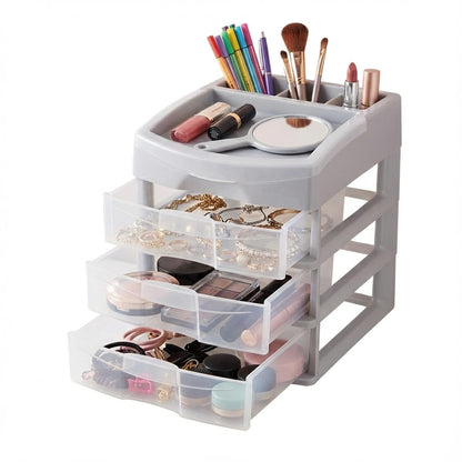 Italhome Cajonera De Plástico, Mini Organizador Multiusos De Color Gris Con 3 Cajones Transparentes Sesia