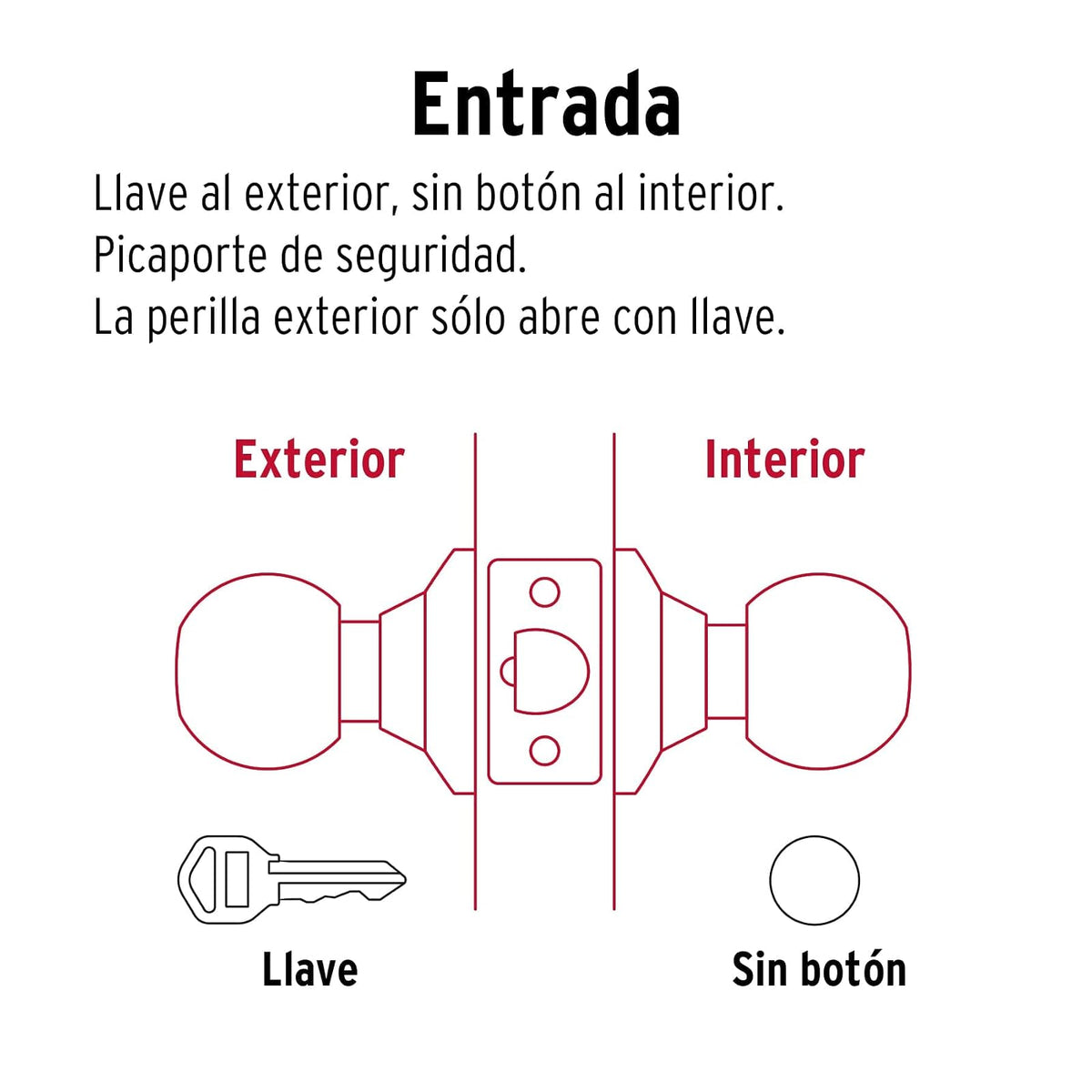Hermex CEPO-12E, Cerradura de pomo tipo oval para entrada, mecanismo cilíndrico, latón brillante