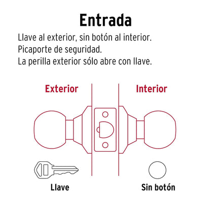 Hermex CEPO-12E, Cerradura de pomo tipo oval para entrada, mecanismo cilíndrico, latón brillante