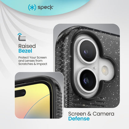 Speck CandyShell Grip - Funda para iPhone 16, MagSafe, Color Negro con Purpurina, Acero y Negro
