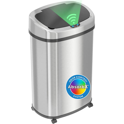 SensorCan - cubeta de basura con sensor de 13 galones con ruedas y sistema de control de olores AbsorbX, acero inoxidable, forma ovalada automática de cocina y oficina (alimentado por batería u adaptador de CA opcional)