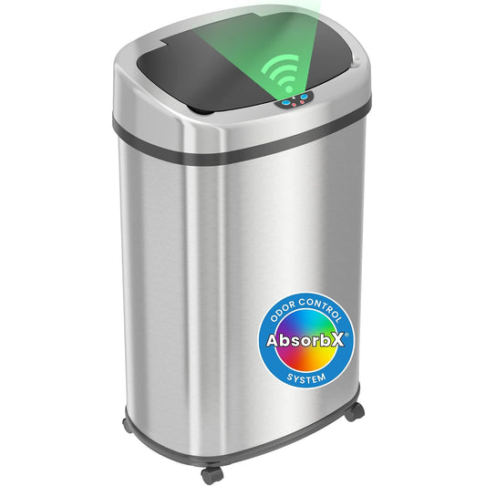 SensorCan - cubeta de basura con sensor de 13 galones con ruedas y sistema de control de olores AbsorbX, acero inoxidable, forma ovalada automática de cocina y oficina (alimentado por batería u adaptador de CA opcional)