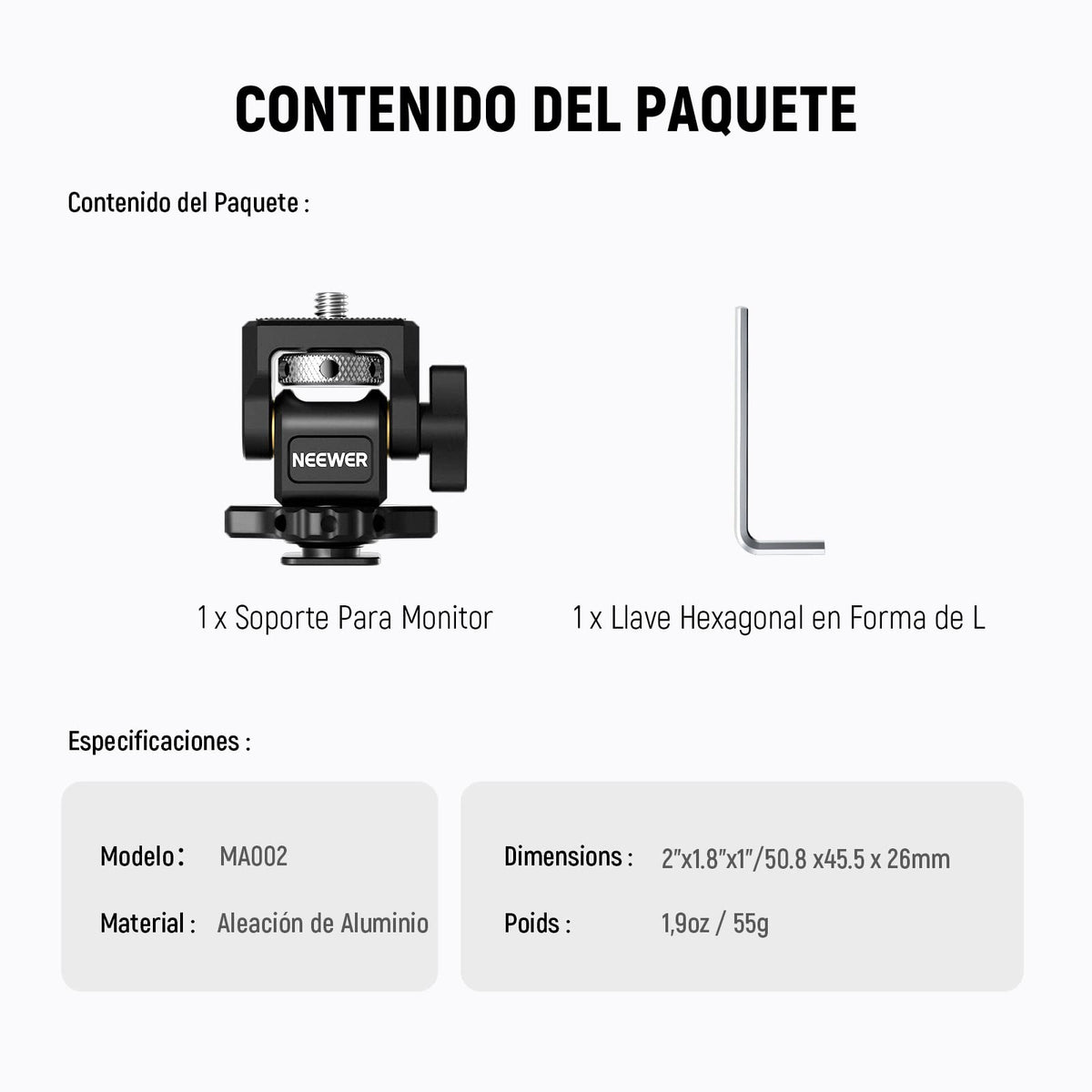 NEEWER Soporte para Monitor de Campo de 5" y 7" con Montura de Zapata fría 1/4",Giro de 360° Amortiguación de inclinación de 180° ajustable, Compatible con Atomos Ninja V Mango de Jaula SmallRig,MA002