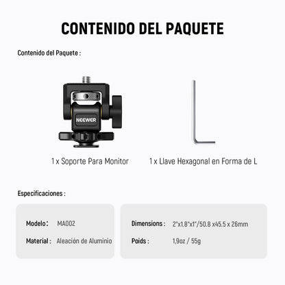 NEEWER Soporte para Monitor de Campo de 5" y 7" con Montura de Zapata fría 1/4",Giro de 360° Amortiguación de inclinación de 180° ajustable, Compatible con Atomos Ninja V Mango de Jaula SmallRig,MA002