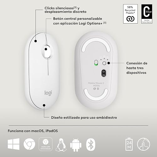 Logitech Pebble Mouse 2 M350s, estilizado Mouse inalámbrico Bluetooth, Ligero, Personalizable, clicks discretos, Easy-Switch, Windows, macOS, iPadOS, Android, ChromeOS - Blanco