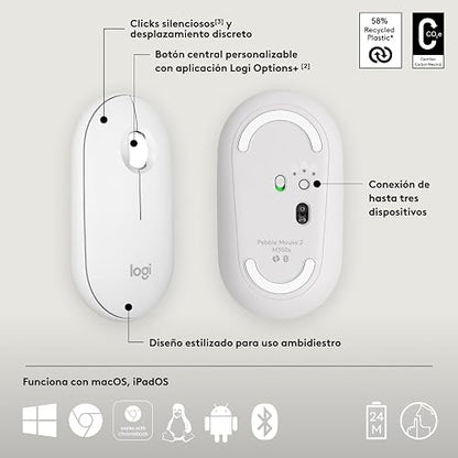 Logitech Pebble Mouse 2 M350s, estilizado Mouse inalámbrico Bluetooth, Ligero, Personalizable, clicks discretos, Easy-Switch, Windows, macOS, iPadOS, Android, ChromeOS - Blanco