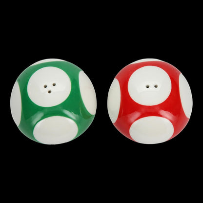Super Mario Brothers - Juego de salero y pimentero de hongos con licencia oficial de Nintendo rojo y verde para decoración de cocina y hogar, regalo de inauguración de la casa para fanáticos de