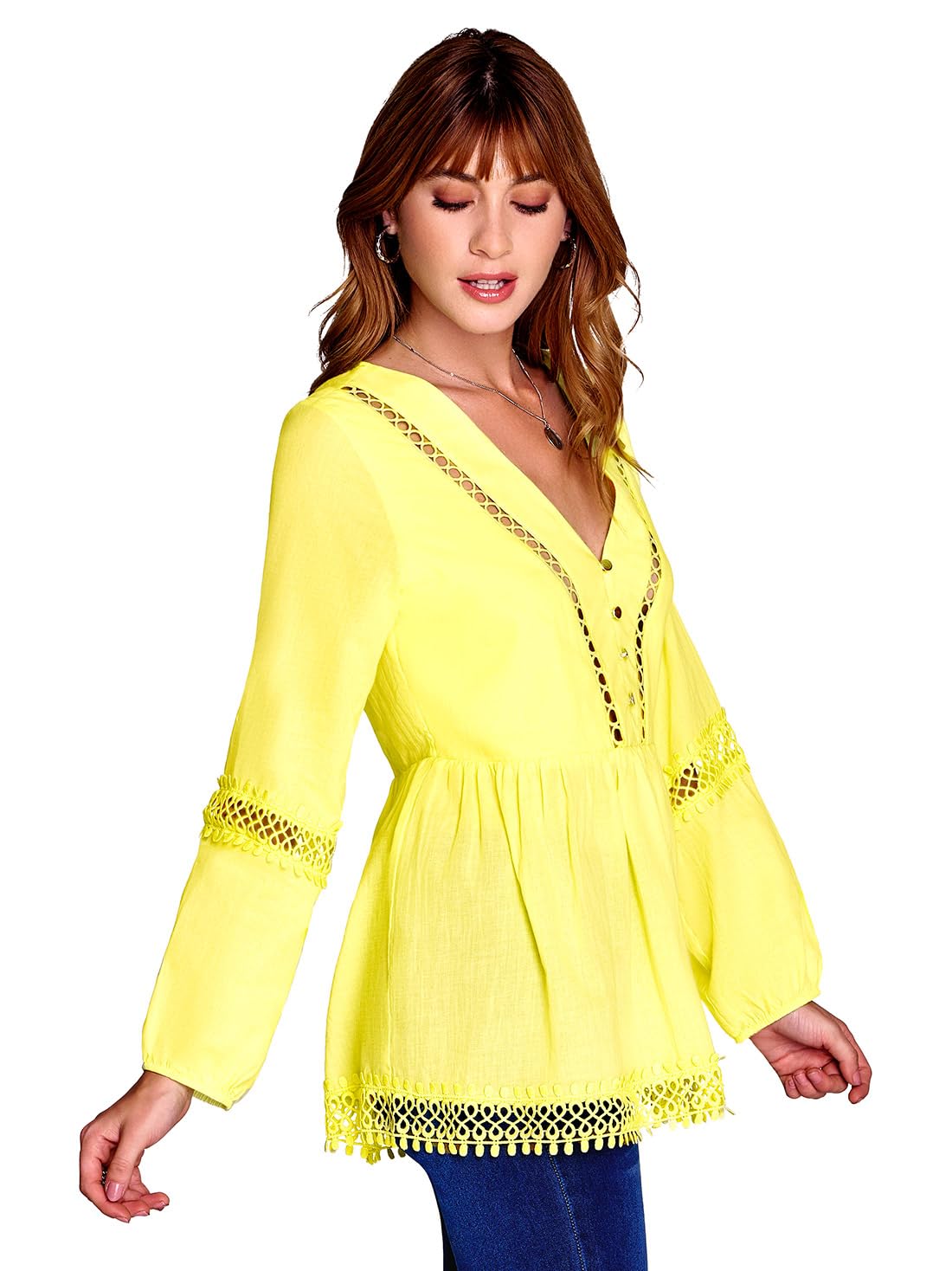 Ilusion Mujer Blusa Tiro Plano Manga Larga Doble Tela en Busto Detalles de Crochet 81173