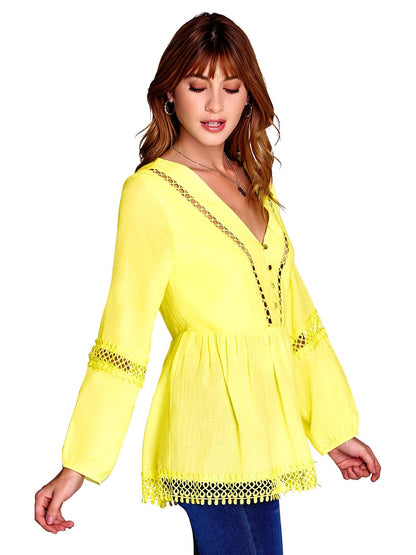 Ilusion Mujer Blusa Tiro Plano Manga Larga Doble Tela en Busto Detalles de Crochet 81173