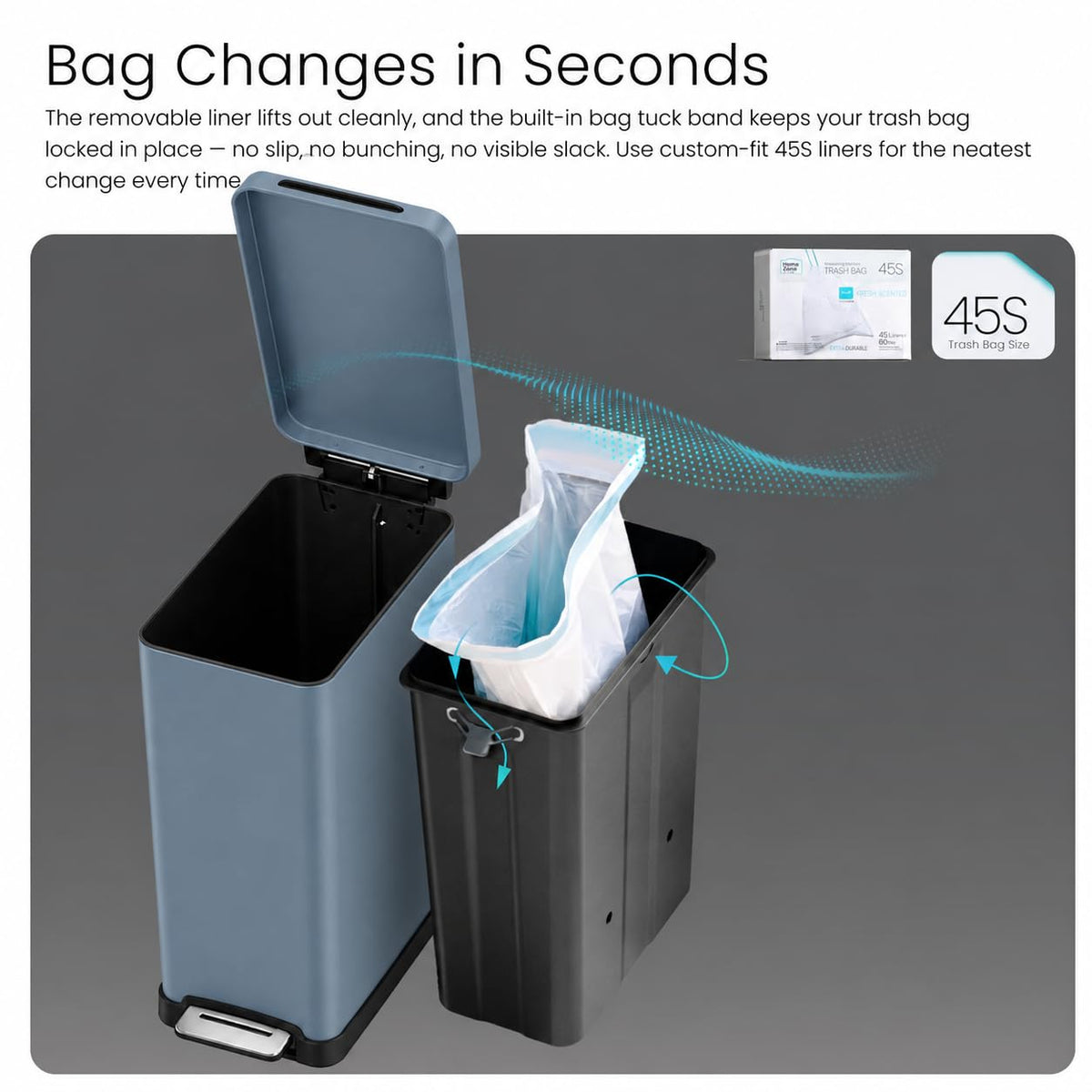 Home Zone Living - Papelera de cocina delgada de 12 galones con tapa de cierre suave, pedal de paso, banda para meter bolsa y forro extraíble, acero inoxidable, azul medianoche, 45 litros