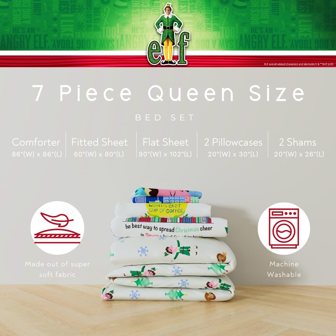 Franco - Juego de edredón y sábanas supersuaves, ropa de cama de festividades y Navidad de película de Buddy el duende NYC con funda de almohada, 7 piezas, tamaño queen (producto con licencia oficial)