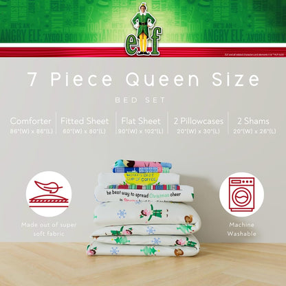 Franco - Juego de edredón y sábanas supersuaves, ropa de cama de festividades y Navidad de película de Buddy el duende NYC con funda de almohada, 7 piezas, tamaño queen (producto con licencia oficial)