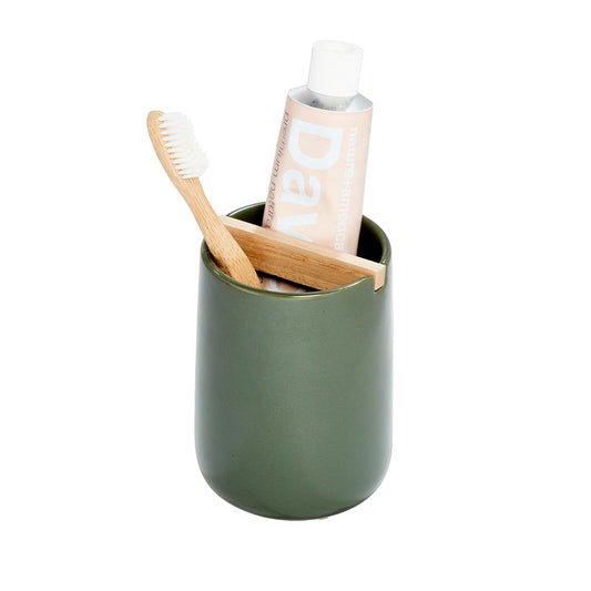 iDesign Eco Vanity - Soporte para cepillos de Dientes de cerámica con Separador de Madera de Paulownia, Musgo/Natural
