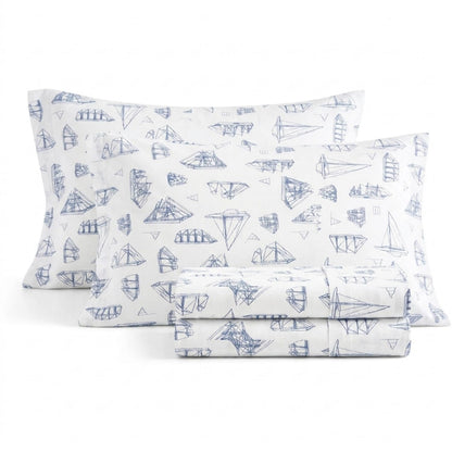 Nautica - Juego de sábanas de algodón percal con Funda de Almohada a Juego, elástico, Esenciales para recámara (Azul Vela de Madera Blanca)