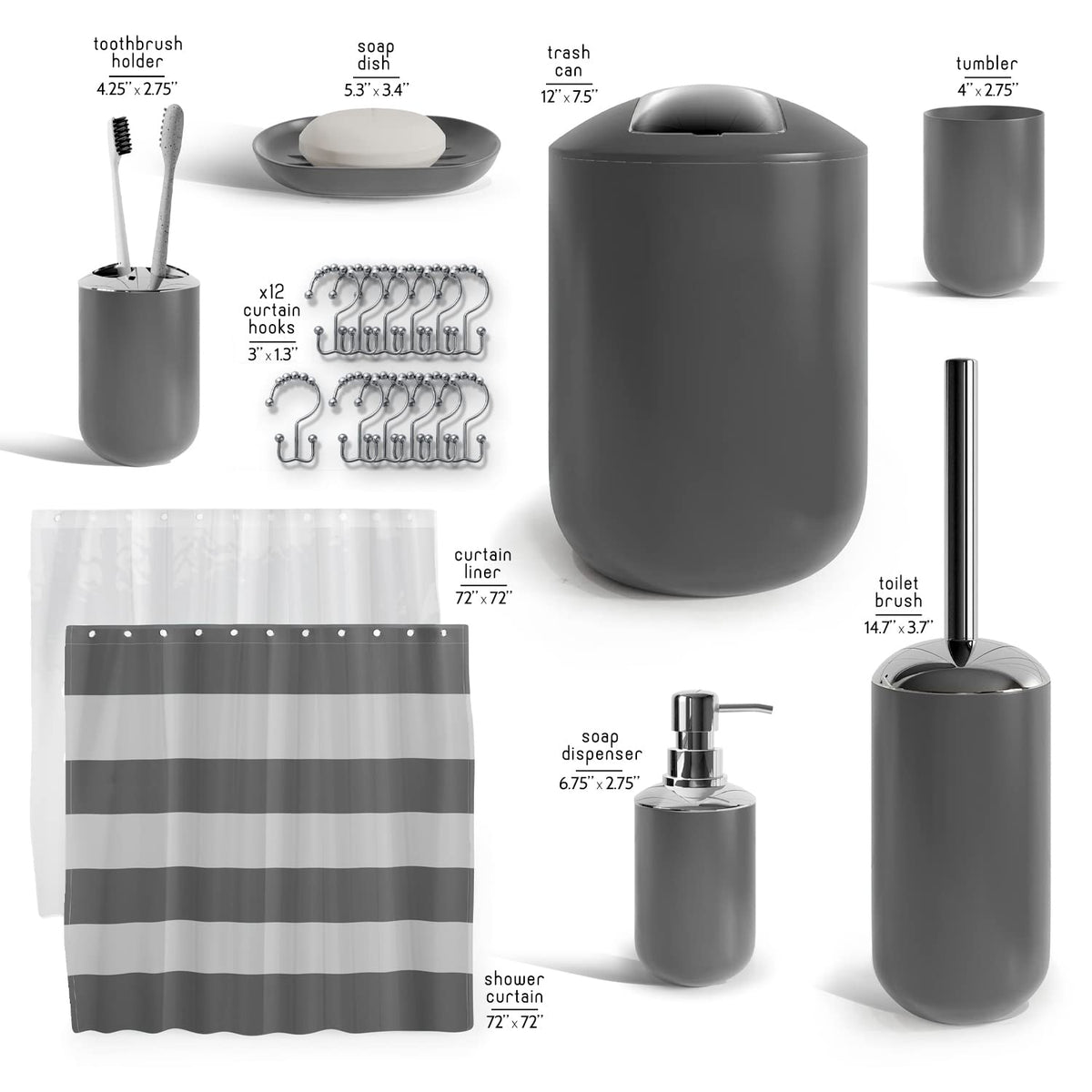 CLARA CLARK - Juego de Accesorios de baño, Juego de Cortina de Ducha, dispensador de jabón, Cepillo para Polvo de Inodoro y Bote de Basura (Gris, Juego Completo)