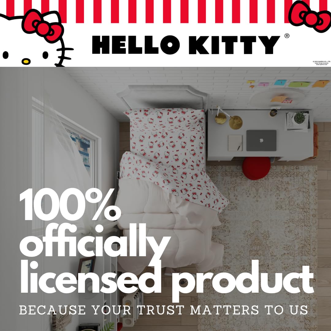 Franco Collectibles Hello Kitty Bedding Juego de sábanas de algodón súper Suave de 3 Piezas Individual XL, Esenciales para recámara Universitario (Producto con Licencia Oficial)