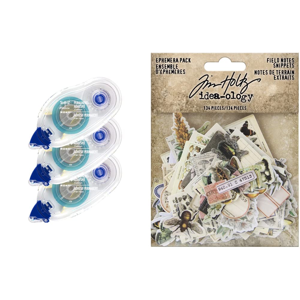 62207 Tombow Mono Repuestos de Cinta Adhesiva Permanente, Paquete de 3 + Tim Holtz Advantus EPHEMERA SNIPPETS ID FIELDNOTES, nosotros: talla única, notas de campo