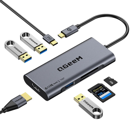 QGeeM Hub USB C, Adaptador USB 4k a HDMI, Adaptador 7 en 1 USB-C con PDde 100 W, USB 3.0, Lector de Tarjetas, Compatible con MacBook iPhone 15/16, iPad Pro MAX, Chromebook Laptop USB Tipo C