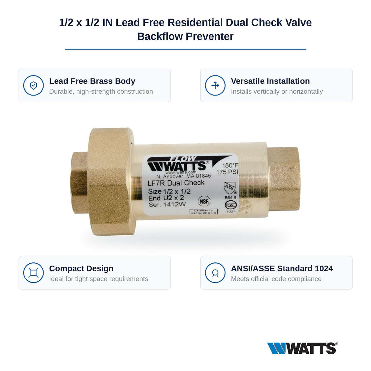 Válvula de retención Dual residencial de 1/2 x 1/2 Pulgadas con Entrada Npt Hembra de unión X Salida Npt Hembra