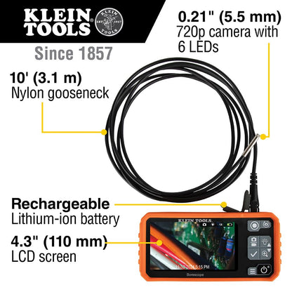 Klein Tools ET17 - utilitario con Serpiente de Cuello de Cisne Impermeable de 5,5 mm, 9,8 pies, LED, visualización LCD de 4,3 Pulgadas, Accesorios, cámara de inspección de endoscopio