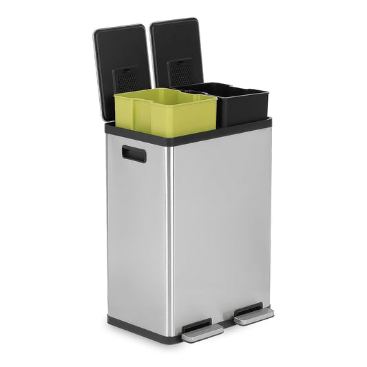 SIMPLI-MAGIC - Bote de basura rectangular de 60 litros/16 galones con doble compartimento para reciclaje de cocina con tapa de cierre suave, acero inoxidable cepillado