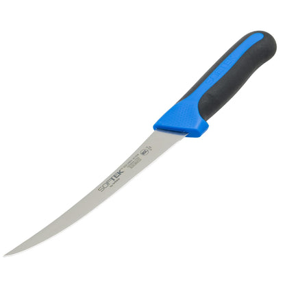 Winco Sof-Tek, cuchillo para deshuesar de 6 pulgadas, curvado, mango de agarre suave, plateado/negro/azul