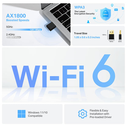 TP-Link Nano USB WiFi 6 Adaptador para PC (Archer TX20U Nano) - AX1800 2.4G/5G Adaptador transceptor de Red inalámbrico de Doble Banda para PC de computadora, OFDMA, MU-MIMO, WPA3, tamaño de Viaje,