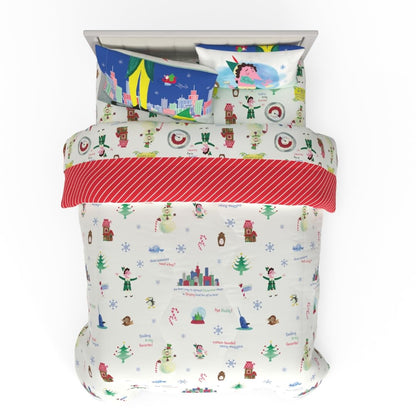 Franco - Juego de edredón y sábanas supersuaves, ropa de cama de festividades y Navidad de película de Buddy el duende NYC con funda de almohada, 7 piezas, tamaño queen (producto con licencia oficial)