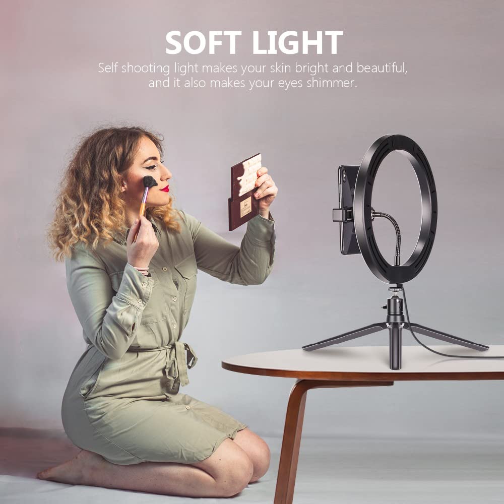 SYINTAO Luz de Relleno Vivo de sobremesa de Anillo Luminoso de 10" con Soporte, 120 Perlas.