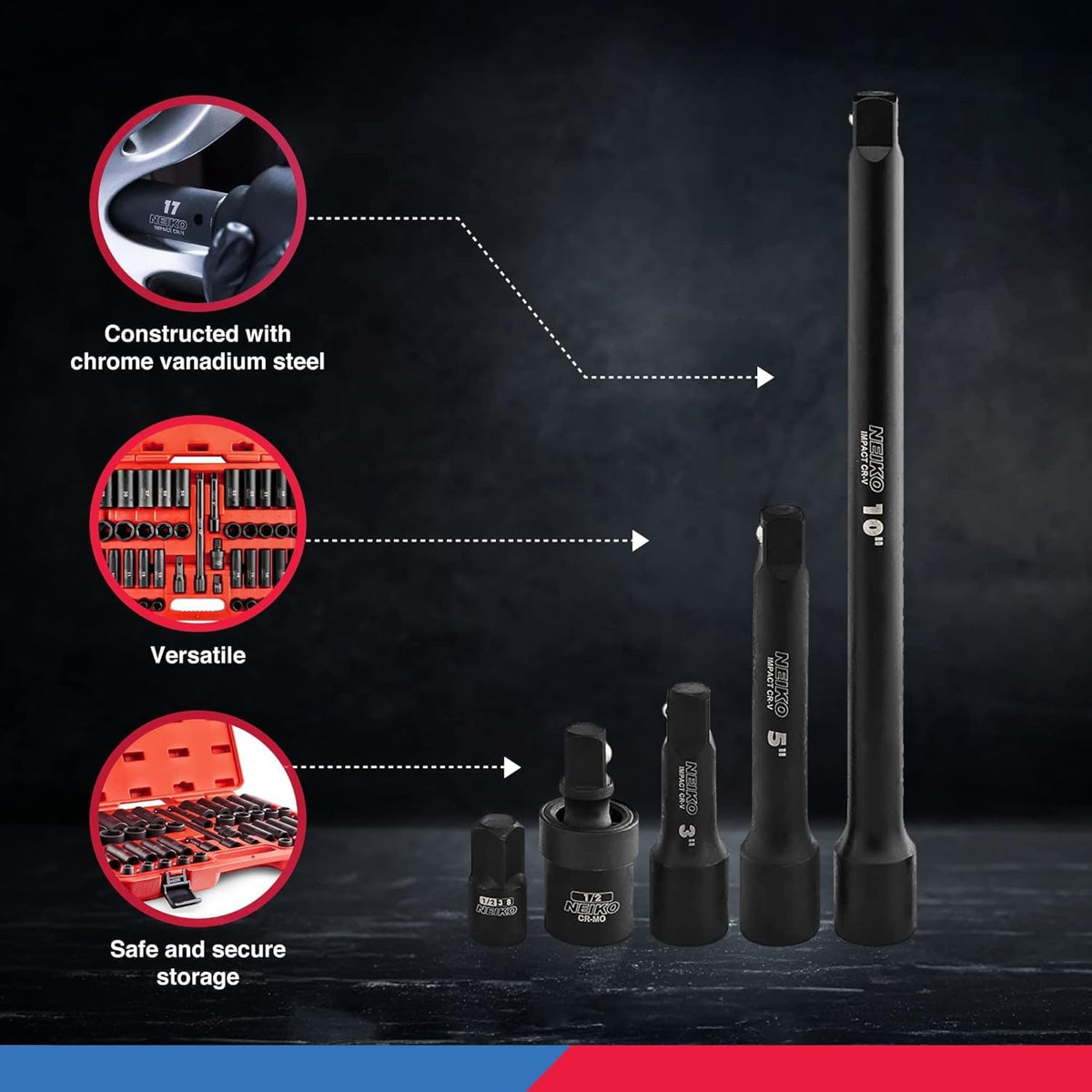 NEIKO 02330A - Juego de llaves de impacto de 1/2, surtido de 45 piezas, tamaños métricos de 9 mm a 32 mm, acero al cromo vanadio, barras de extensión, junta universal y adaptador, juego de pozos