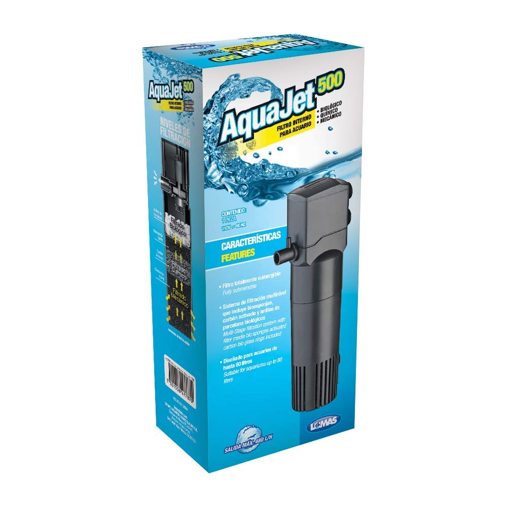Lomas Filtro Interno Aqua-Jet 500 para Acuarios hasta 80 litros, 480 l/h, Compacto y Silencioso con Filtración Mecánica, Biológica y Química