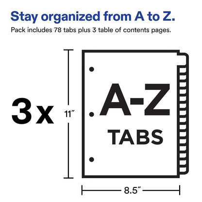 Avery A-Z Divisores para carpetas de 3 anillos, 26 pestañas por juego, tabla de contenido personalizable, pestañas multicolores, ideal para organizar informes, proyectos y más (3 juegos de 44225)