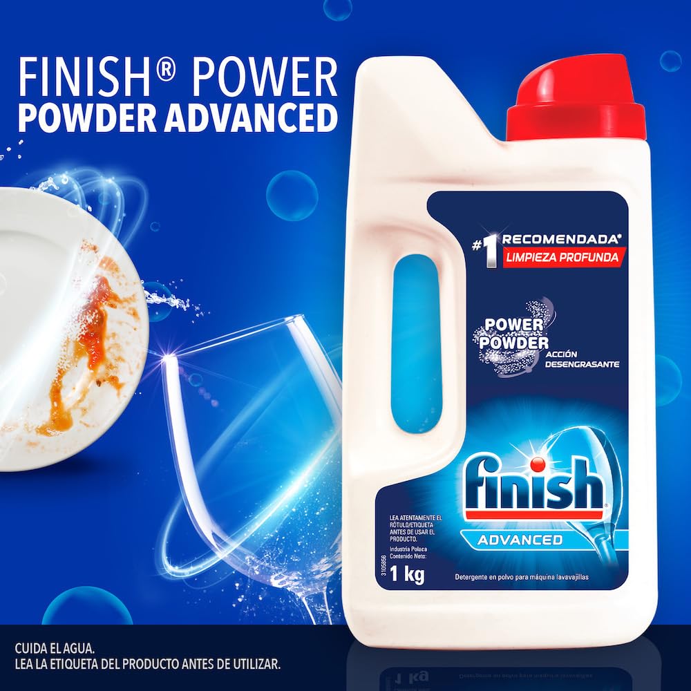 Finish® Power Powder, Detergente para lavavajillas en polvo, Paquete de 2, 1Kg c/u
