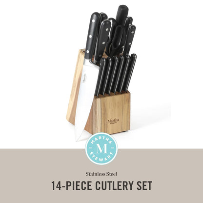 Martha Stewart Eastwalk 14 Piece High Carbon Stainless Steel Cutlery Knife Block Set w/ABS Triple Riveted Forged Handle Acacia Wood Block - Matte Black