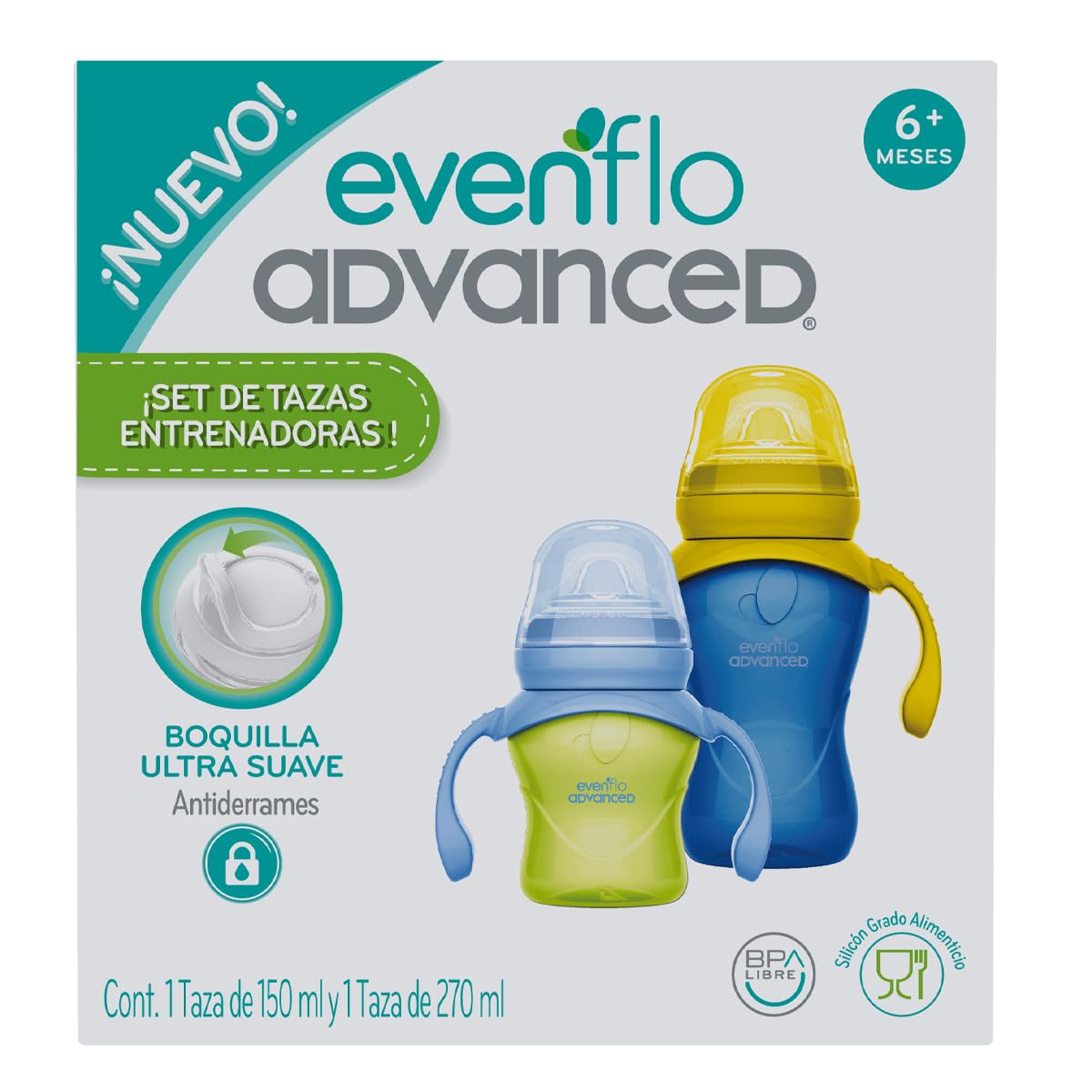Evenflo Advanced Set de Tazas Entrenadoras, Verde y Azul, con Boquilla Ultra Suave de Silicón, 150ml y 270ml, 2 Piezas, para Bebés desde 6 Meses