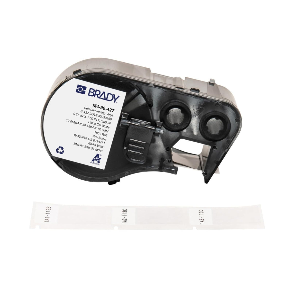 Brady Authentic (M4-90-427) Etiquetas de vinilo autolaminadas alrededor de 1.5 pulgadas de alto x 0.75 pulgadas de ancho, negro sobre blanco, transparente, 180 etiquetas Para uso con impresoras de