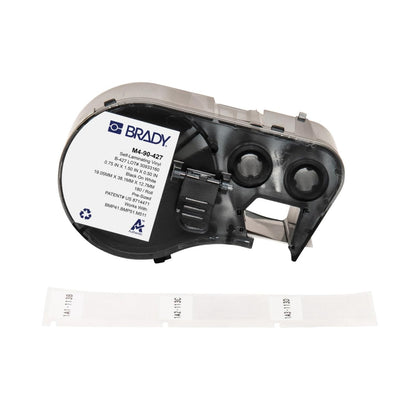 Brady Authentic (M4-90-427) Etiquetas de vinilo autolaminadas alrededor de 1.5 pulgadas de alto x 0.75 pulgadas de ancho, negro sobre blanco, transparente, 180 etiquetas Para uso con impresoras de