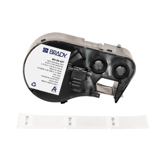 Brady Authentic (M4-90-427) Etiquetas de vinilo autolaminadas alrededor de 1.5 pulgadas de alto x 0.75 pulgadas de ancho, negro sobre blanco, transparente, 180 etiquetas Para uso con impresoras de