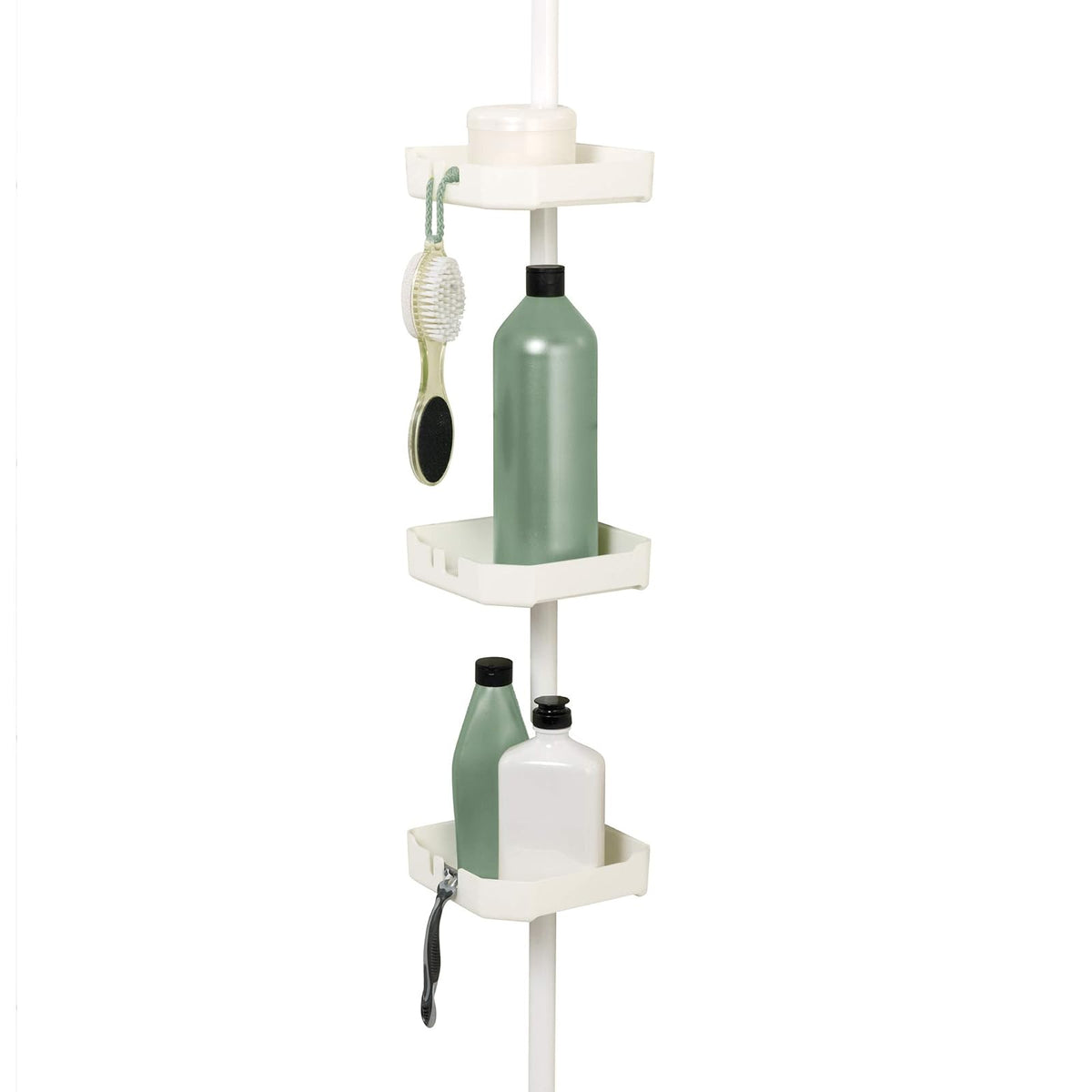 Zenna Home - Cesta de ducha con barra de tensión, 3 estantes ajustables, 60 a 97 pulgadas, color blanco
