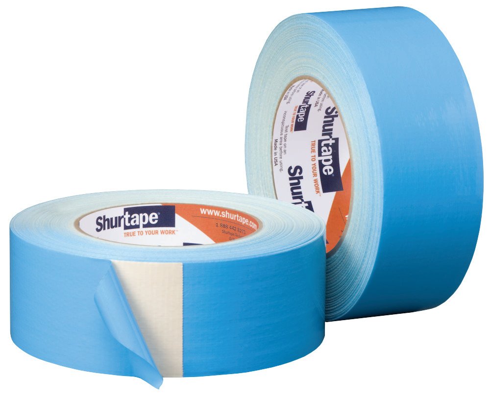 Shurtape DF 545 - Cinta adhesiva de doble cara para alfombras y conductos, se adhiere a madera dura, hormigón, azulejos y más, natural con forro azul, 48 mm x 33 metros, 1 rollo (152496)