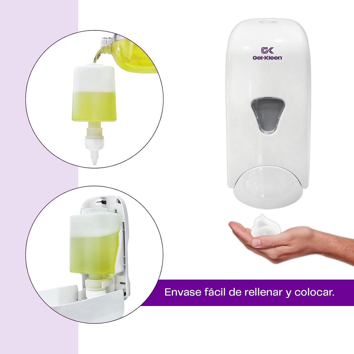Gel Kleen Jabonera Espuma Rellenable Pared 1000 ml - Despachador Universal de Plástico ABS para Jabón o Sanitizante en Espuma, Dosificador para Baño, Hogar, Oficina y Negocio