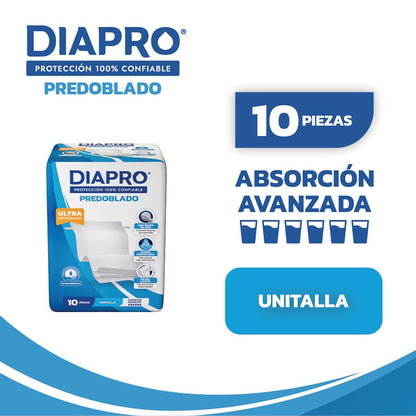 Diapro Pañal Predoblado Gel para Incontinencia, Unitalla, Paquete con 10 Piezas, ideal para personas en cama o para cubrir alguna superficie